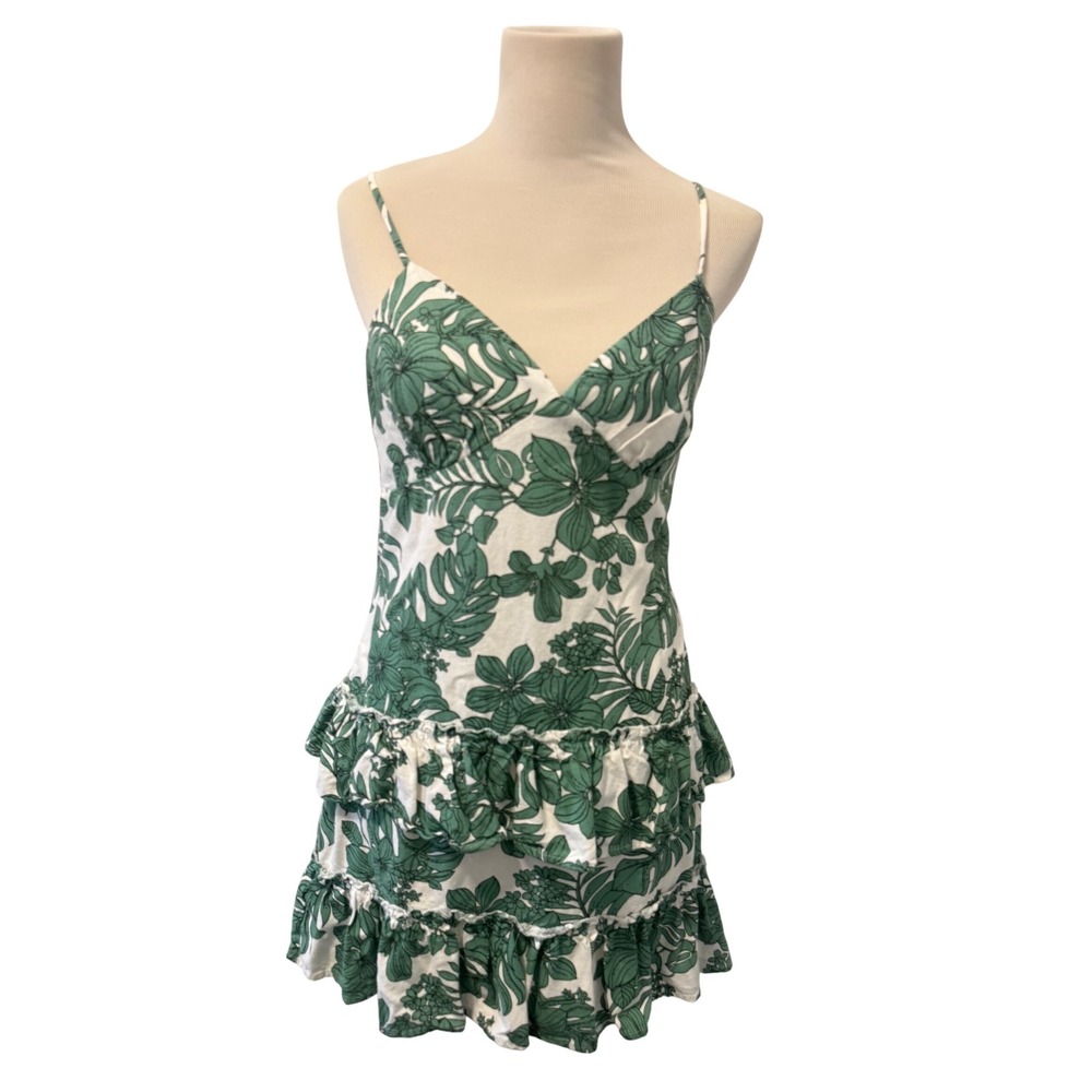 Carey Dress Floral Print Green White Mini Spaghetti Strap Ruffle Tie Back Size L